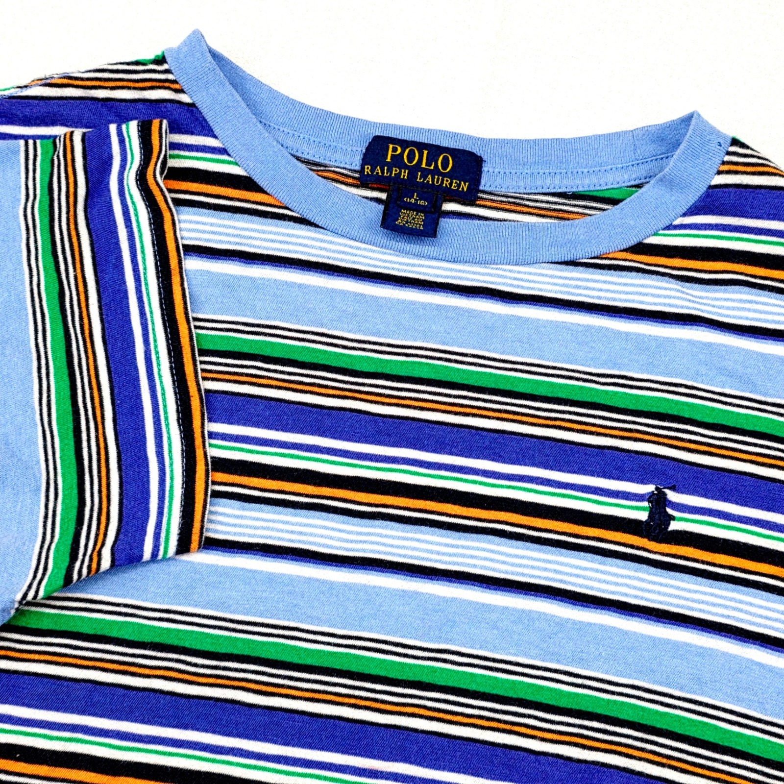Polo Ralph Lauren T-Shirt Boys L 14-16 Blue Multi Striped Pony Logo Short Sleeve